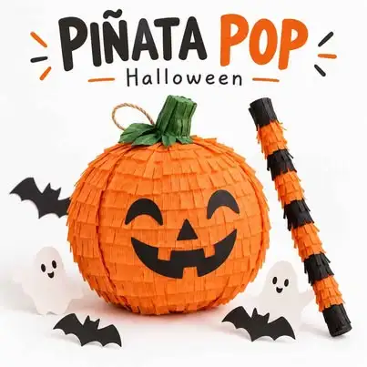 mini pumpkin piñata, a matching stick, and handmade spooky-cute