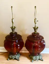 Pair of vintage amber glass table lamps lighted base