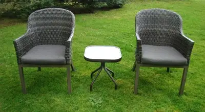 Two Quality Resin Wicker Chairs by Hampton Baywith Side Table, View more