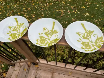 Set of 3 Glass Bird Plates - White/Green, View more