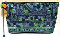 NEW, BLUE/GREEN EMBROIDERED FABRIC ZIPPERED CLUTCH/COSMETICS BAG