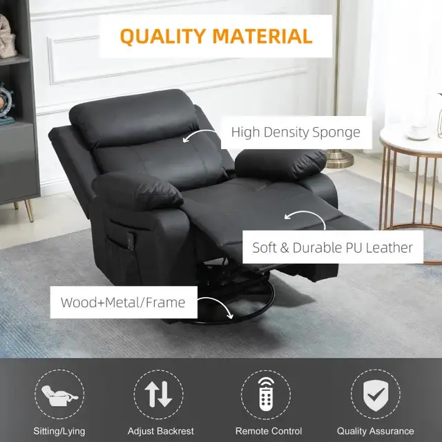 PU Leather Reclining Chair with Vibration Massage Recliner in Chairs & Recliners in Markham / York Region - Image 6