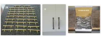 19 NEW GREYISH-SILVER CABINET HANDLES & 29 USED GOLD ONES -, View more