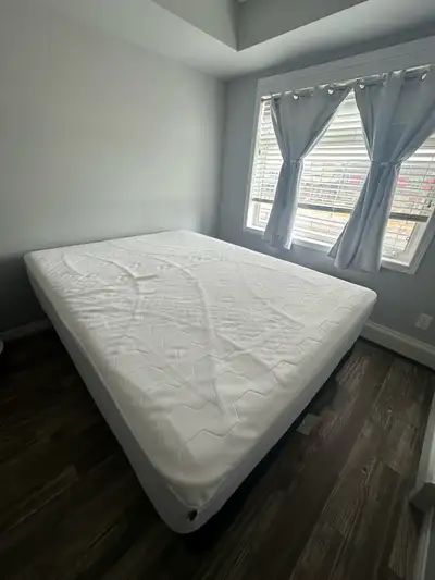 Queen bed, box, frame, protector - Available May31, View more