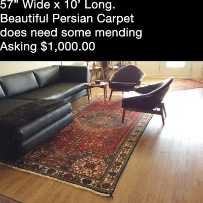 57" wide x 10 feet long Beautiful Persian carpet. Does need some mendinf asking $1000