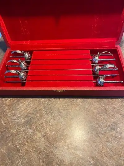 6 STAINLESS STEEL FIGURAL SWORD SKEWERS WITH ORIGINAL PROTECTIVE, View more