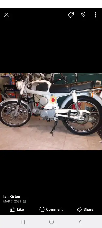 1967 Honda S90. Bought running 3 years ago. I relined the tank, new battery and battery cover. New f...