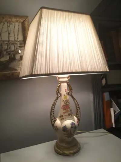 Vintage antique porcelain handpainted Lamp with silk shade, View more