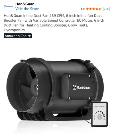 Hon&Guan Inline Duct Fan 469 CFM, 6 inch inline fan Duct Booster Fan with Variable Speed Controller...