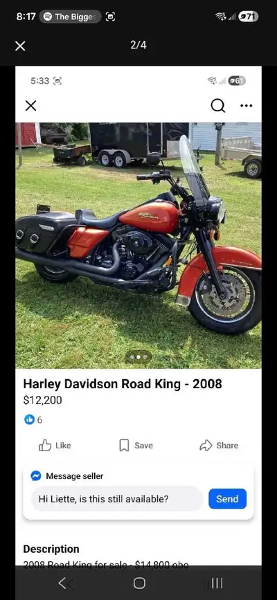 - 2008 Harley Davidson " Road King" - 44 500 km - 2nd Owner ( woman ) - Awesome Paint Job - Drives l...