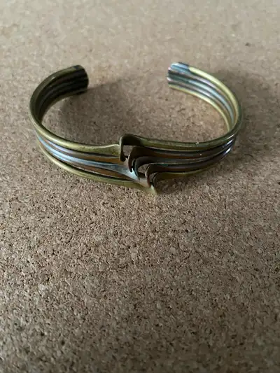 Mixed metal cuff bracelet made of brass, copper, and silver, View more