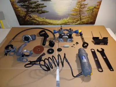 Variable speed motor with various attachments as seen. Head will need part so other attachments can...