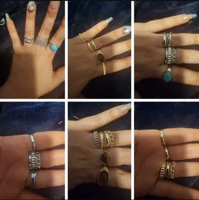 10 Fantasy rings as in 1st picture Silver and golden colour. Not sure about size. See images. These...