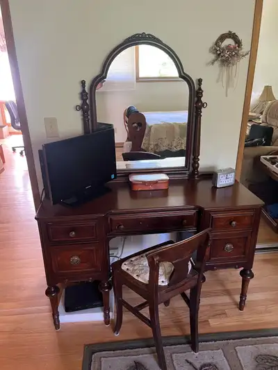 antique vanity dresser w/adjustabe mirror plus chair, View more