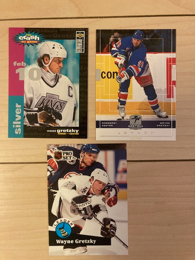 Lot of three Wayne Gretzky hockey cards, View more