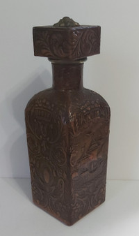 Vintage Wrapped Tooled Leather Decanter Embossed Spanish Galleon