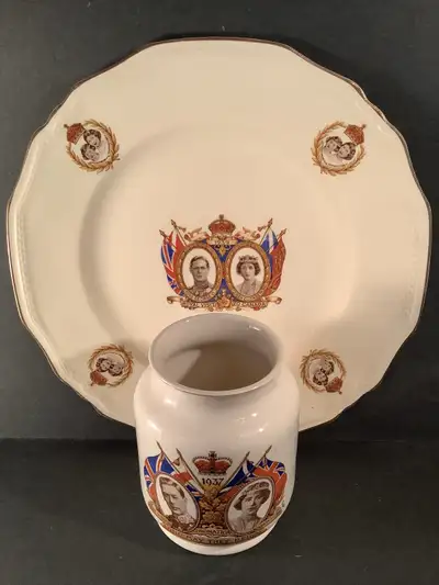 For sale are two pieces of British Royalty chinaware featuring images of King George VI and H.M.Quee...