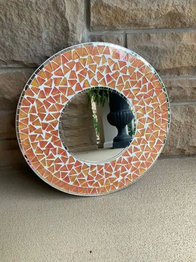 Vintage Early 2000’S Mosaic Tile Orange Round Wall Mirror, View more