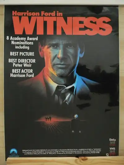 Poster for the 1985 movie "Witness", starring Harrison Ford. Size is 23 x 31-1/2 inches. Poster has...