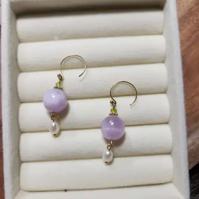 Handmade Earrings Natural Purple Lithium Quarts Freshwater Pearl, View more