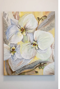 24 x 30” acrylic painting orchid yellow /grey 