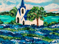 Church in Bluebonnets  Field Original Acrylic Painting on Canvas