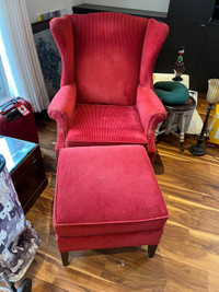 Vintage Red Winged Chaise Lounge Chair w/ Foot Stool