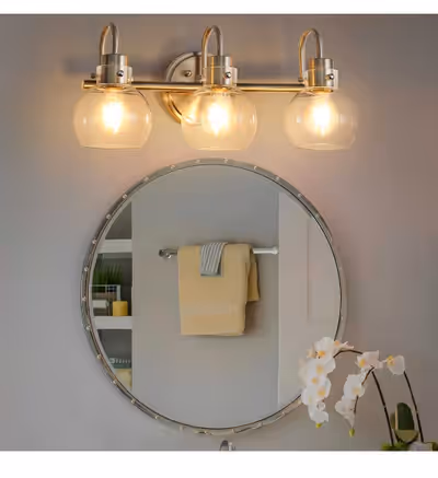 3 Lights Vanity Light, Brushed Nickel Bathroom Light Fixtures, Farmhouse Wall Sconces with Globe Cle...