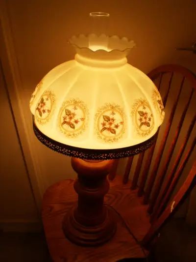 Heavy Antique Looking Lamp, Wood Brass Glass, View more