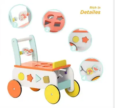 This Labebe baby walker is a 2-in-1 wooden push toy designed in orange with interactive shapes and a...