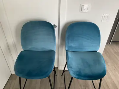 Two blue velvet Structube Judith counter stools in excellent condition. We love these stools, but re...
