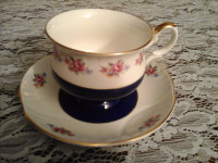 BONE CHINA CUP SAUCER -BLUE/WHITE /ROSES CROWN STAFFORDSHIRE