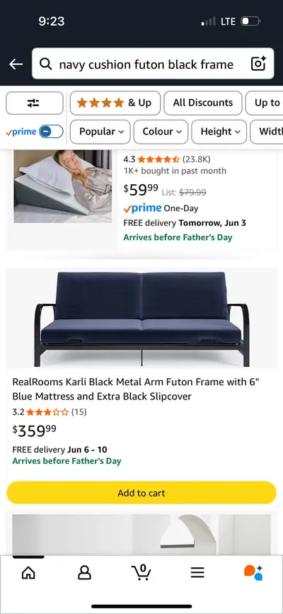New black frame futon with navy cushion, View more