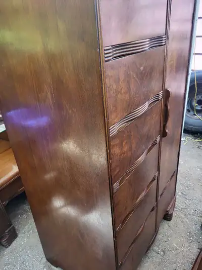 Rare Antique 4 piece Bedroom Set. 1. Tallboy dresser with cedar lined on one side for hanging clothe...