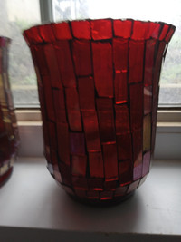 Candle holders, moasaic red glass
