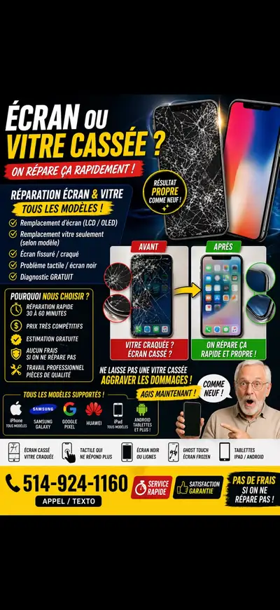 Écran ou vitre cassée iPhone / Samsung  Réparation rapide pas ch, View more