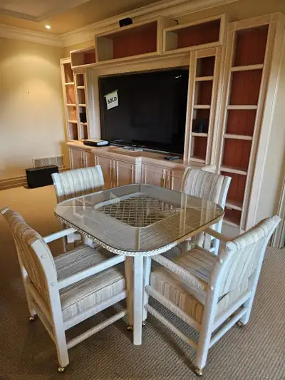 Wicker/Rattan Glass-Top Table with 4 Upholstered Arm Chairs, View more