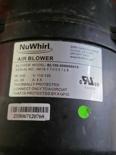 I'm selling a used NuWhirl air blower, model BL120-500H000T0, in good working condition. This blower...