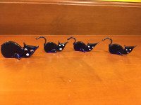 Vintage Set of 4 Small Blue Glass Cats Mouth Blown Art Glass