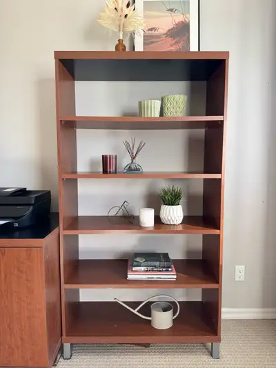 3ft wide 66” tall 15” deep 3 boards/shelf’s can be adjusted or removed Bottom shelf has a little den...