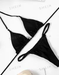 Solid Triangle Thong Bikini Swimsuit Black Size M and S