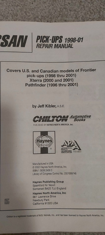 1998-2001 Chilton Repair Manuel for Nissan PU, Pathfinder, Xterr in Other in City of Toronto - Image 3