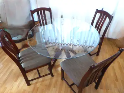 Glass top wooden base dining room table and 4 chairs, View more