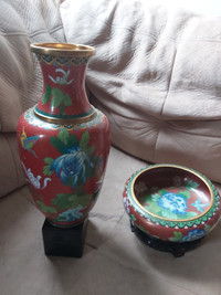 Large 12" cloisonne vase with matching bowl 