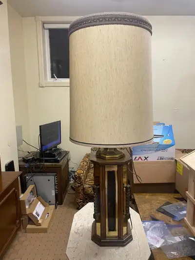 Antique vintage very large wood lamp, View more