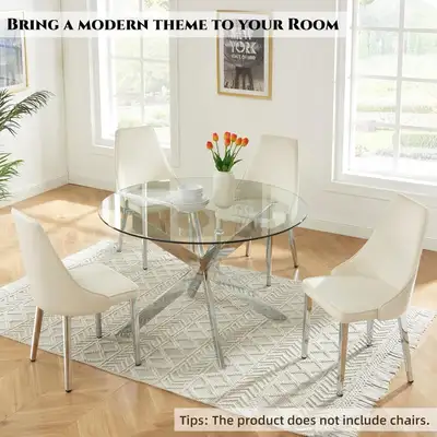 Modern Glass Round Dining Table，45.28" Tempered Glass Table Top , View more
