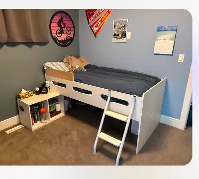 Mid loft Twin bed frame EXCLUDING MATTRESS dresser, night stand and storage as pictured. Selling as...
