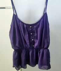 Deep Purple Chiffon Blouse, Ruffle Waist & Gold Buttons - Medium