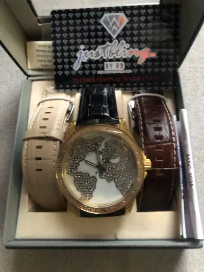 New Just Bling Men watch with .20c. real diamond map face Gold P