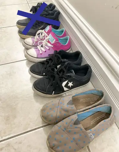 Converse All star pink and blue sneakers, size 13 $10 Converse black sneakers, size 13 $10 Toms espa...